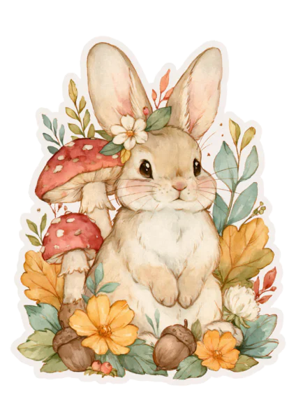 Cute Cottagecore Bunny with Mushrooms Sticker PNG – Watercolor Autumn Forest Rabbit with Fall Flowers & Acorns Printable Sticker, Die Cut Woodland Animal Decal PNG for Planners & Crafting