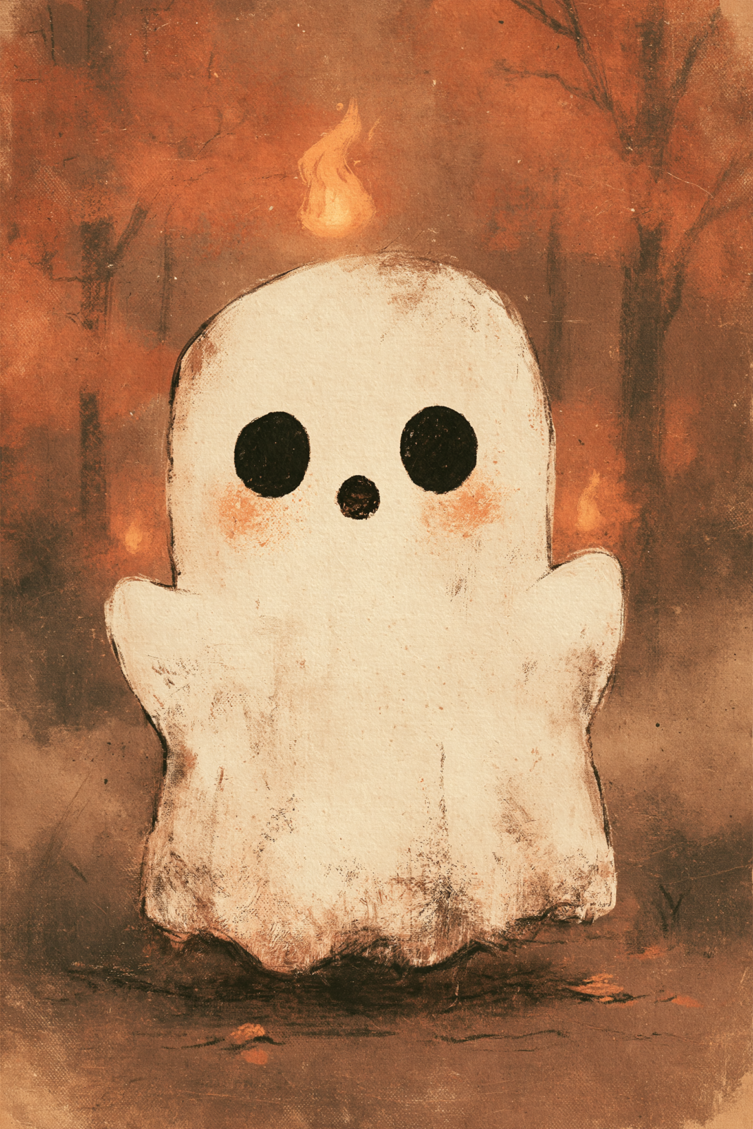 Cute Ghost with Flame Printable Wall Art & Postcard - Warm Autumn Spooky Season Painting Poster