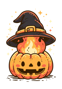 Cute Halloween Pumpkin with Witch Hat Clipart PNG – Spooky Flaming Jack-o'-Lantern Illustration, Kawaii Fall Season Digital Graphic for Sublimation & Crafts