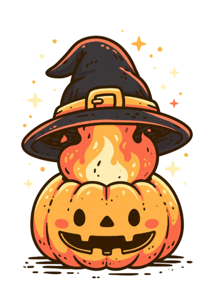 Cute Halloween Pumpkin with Witch Hat Clipart PNG – Spooky Flaming Jack-o’-Lantern Illustration, Kawaii Fall Season Digital Graphic for Sublimation & Crafts