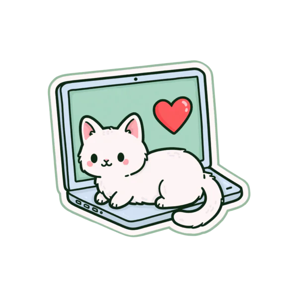 Cute Kawaii Cat on Laptop Printable Sticker PNG – White Kitty on Keyboard Decal, Work From Home Heart Design for Planner & Laptop