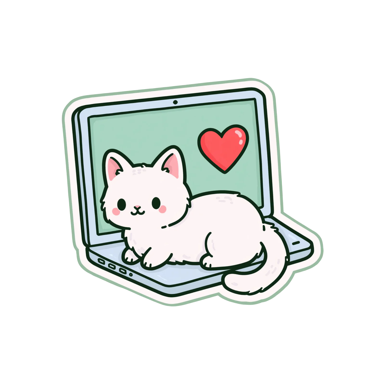Cute Kawaii Cat on Laptop Printable Sticker PNG – White Kitty on Keyboard Decal, Work From Home Heart Design for Planner & Laptop