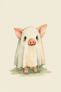 Cute Pig in Ghost Blanket Printable Wall Art – Whimsical Watercolor Funny Spooky Season Poster