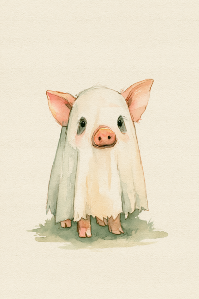 Cute Pig in Ghost Blanket Printable Wall Art – Whimsical Watercolor Funny Spooky Season Poster