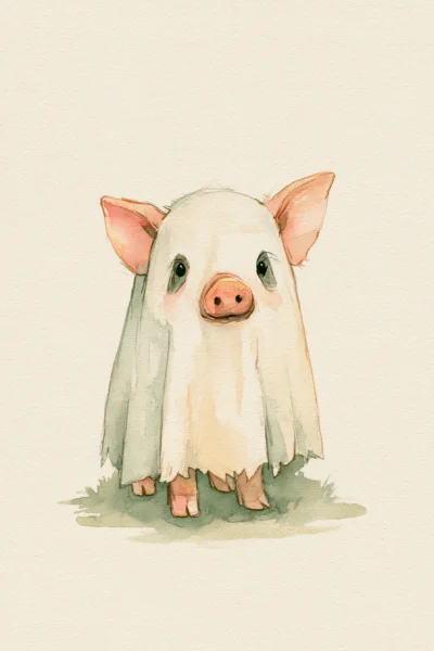Cute Pig in Ghost Blanket Printable Wall Art – Whimsical Watercolor Funny Spooky Season Poster