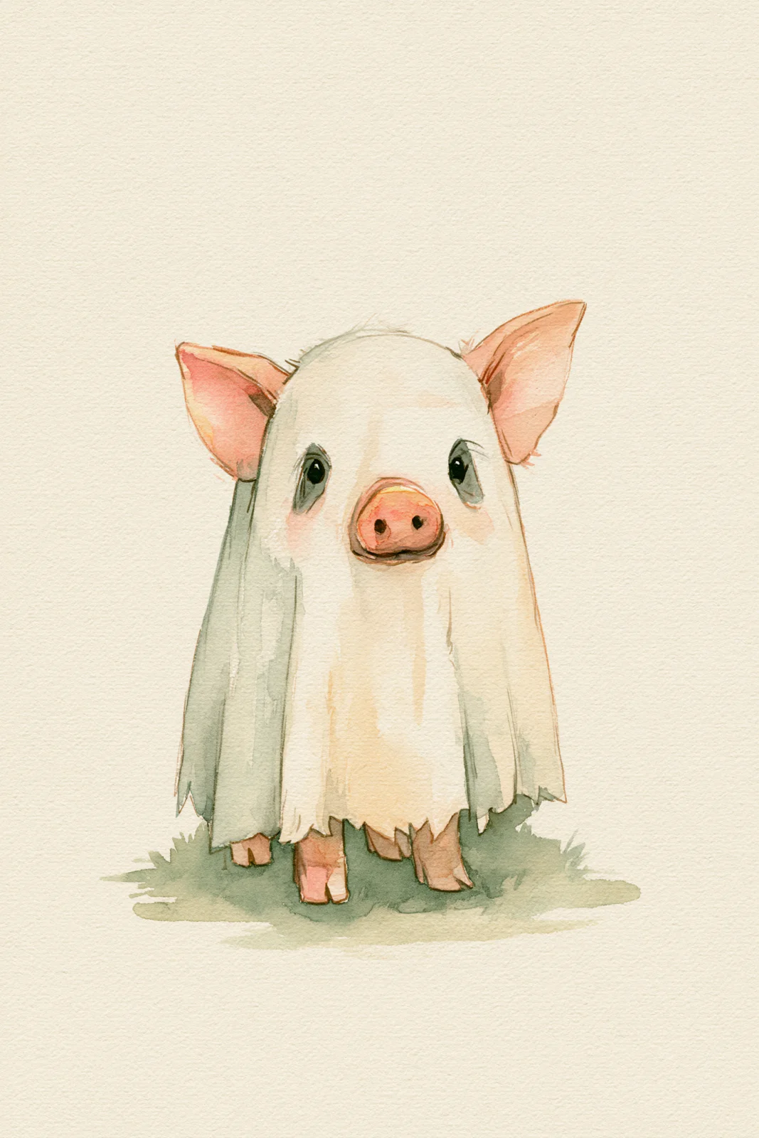 Cute Pig in Ghost Blanket Printable Wall Art – Whimsical Watercolor Funny Spooky Season Poster