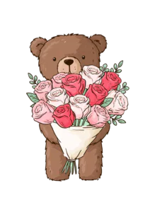 Cute Teddy Bear with Roses Clipart PNG – Sweet Brown Bear Holding Flower Bouquet Illustration, Romantic Valentine & Mother's Day Digital Graphic