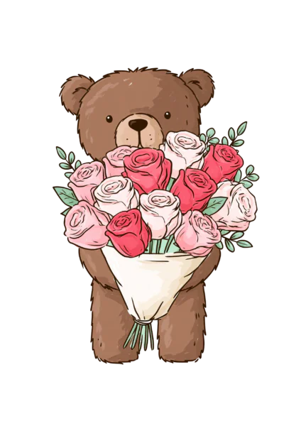 Cute Teddy Bear with Roses Clipart PNG – Sweet Brown Bear Holding Flower Bouquet Illustration, Romantic Valentine & Mother’s Day Digital Graphic
