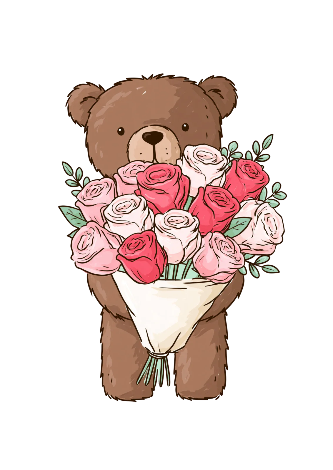 Cute Teddy Bear with Roses Clipart PNG – Sweet Brown Bear Holding Flower Bouquet Illustration, Romantic Valentine & Mother's Day Digital Graphic