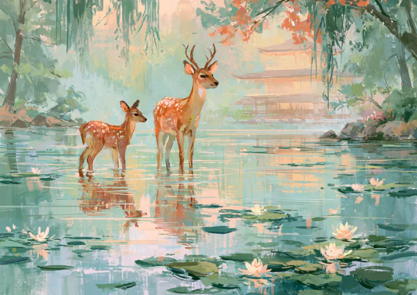Japanese Garden Deer Couple Printable Wall Art – Water Lily Pond & Golden Temple Painting Poster, Spring Cherry Blossom Decor