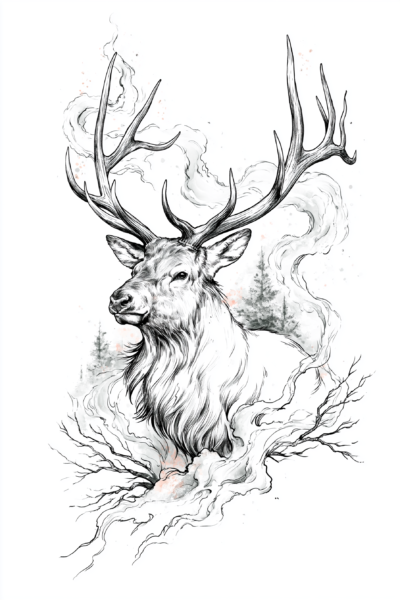 Majestic Elk with Smoke Printable Wall Art – Modern Cabin Nature Sketch Illustration Poster