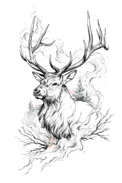 Majestic Elk with Smoke Printable Wall Art – Modern Cabin Nature Sketch Illustration Poster