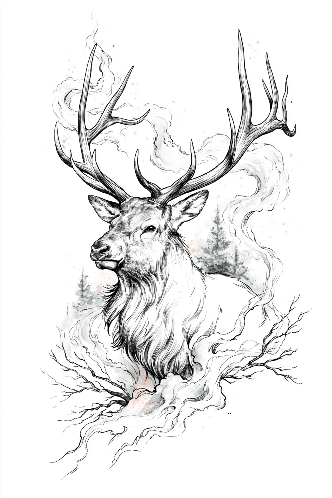 Majestic Elk with Smoke Printable Wall Art – Modern Cabin Nature Sketch Illustration Poster