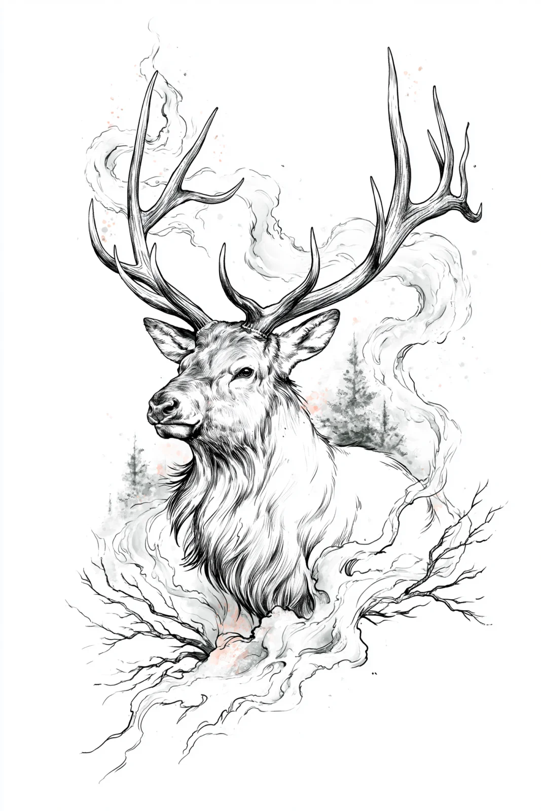 Majestic Elk with Smoke Printable Wall Art – Modern Cabin Nature Sketch Illustration Poster