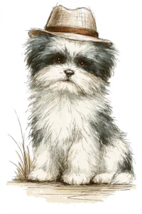 Cute Fluffy Dog in Fedora Hat Printable Wall Art – Vintage Ink & Pencil Sketch Pet Poster