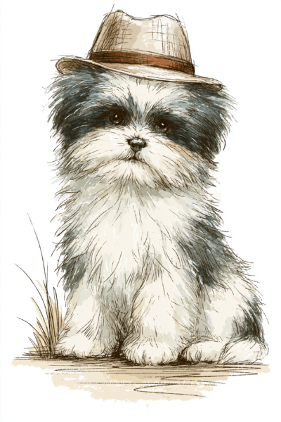 Cute Fluffy Dog in Fedora Hat Printable Wall Art – Vintage Ink & Pencil Sketch Pet Poster