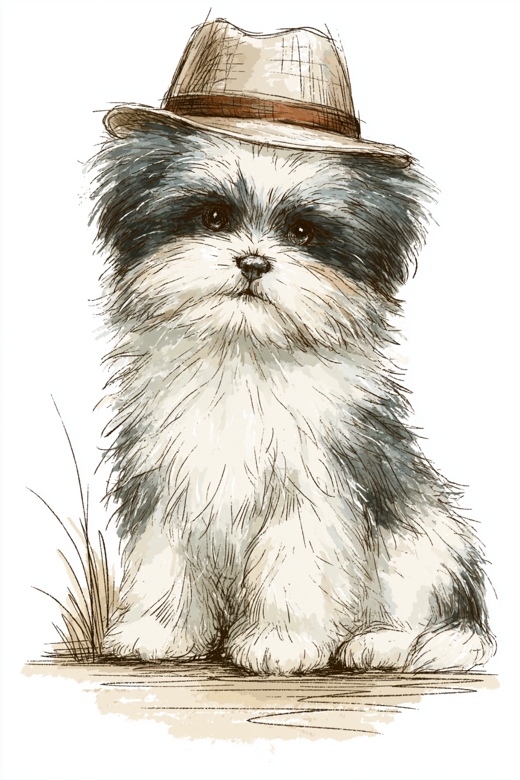 Cute Fluffy Dog in Fedora Hat Printable Wall Art – Vintage Ink & Pencil Sketch Pet Poster