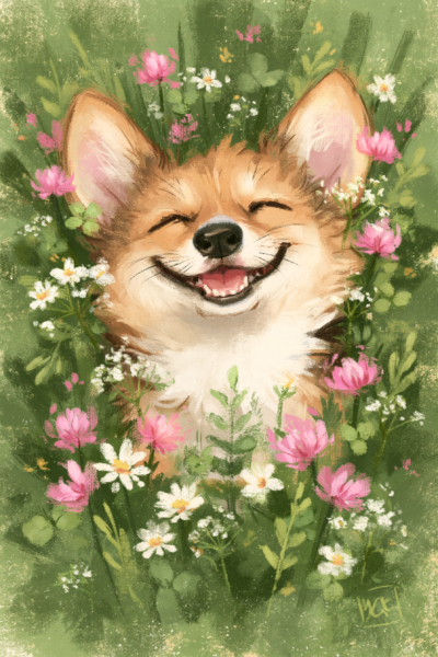 Happy Corgi in Wildflower Meadow Printable Wall Art – Cottagecore Summer Dog Painting Poster