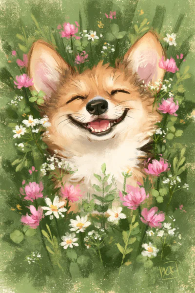 Happy Corgi in Wildflower Meadow Printable Wall Art – Cottagecore Summer Dog Painting Poster
