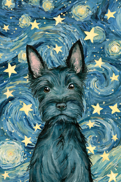 Starry Night Scottish Terrier Printable Wall Art – Cute Van Gogh Style Dog Oil Painting Poster