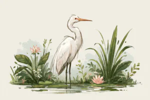 Great Egret in Wetland Watercolor Printable Wall Art – Cute Coastal & Cottagecore Bird Illustration
