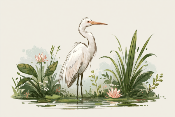 Great Egret in Wetland Watercolor Printable Wall Art – Cute Coastal & Cottagecore Bird Illustration