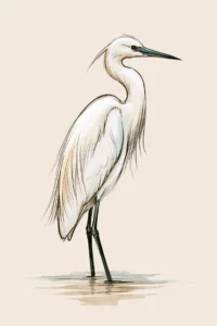 Graceful Little Egret Ink Sketch Printable Wall Art – Minimalist Coastal & Vintage Bird Poster