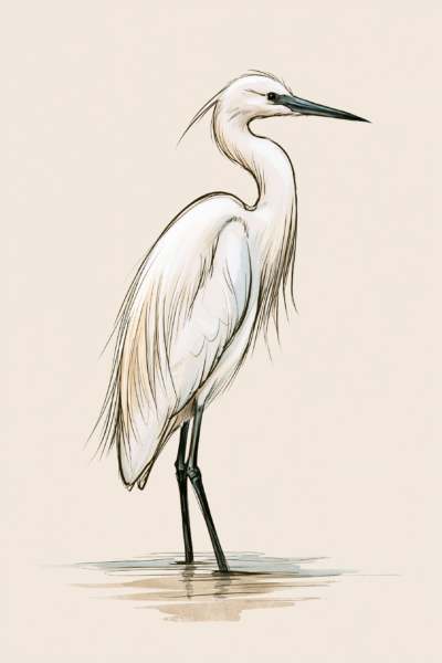 Graceful Little Egret Ink Sketch Printable Wall Art – Minimalist Coastal & Vintage Bird Poster