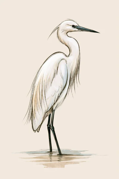 Graceful Little Egret Ink Sketch Printable Wall Art – Minimalist Coastal & Vintage Bird Poster