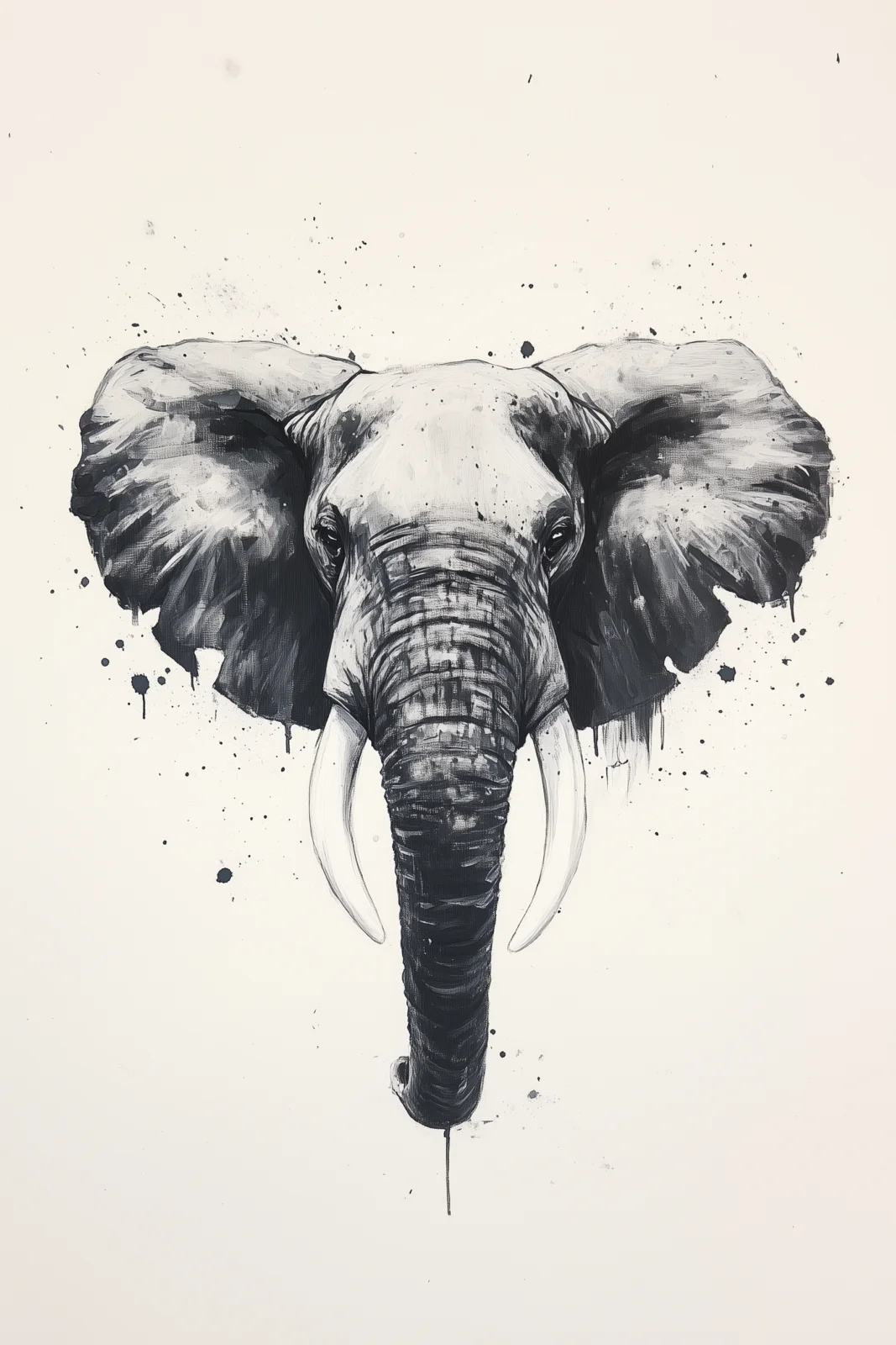 Modern Black and White Expressive Elephant Portrait Printable Wall Art – Statement Safari Wildlife Poster