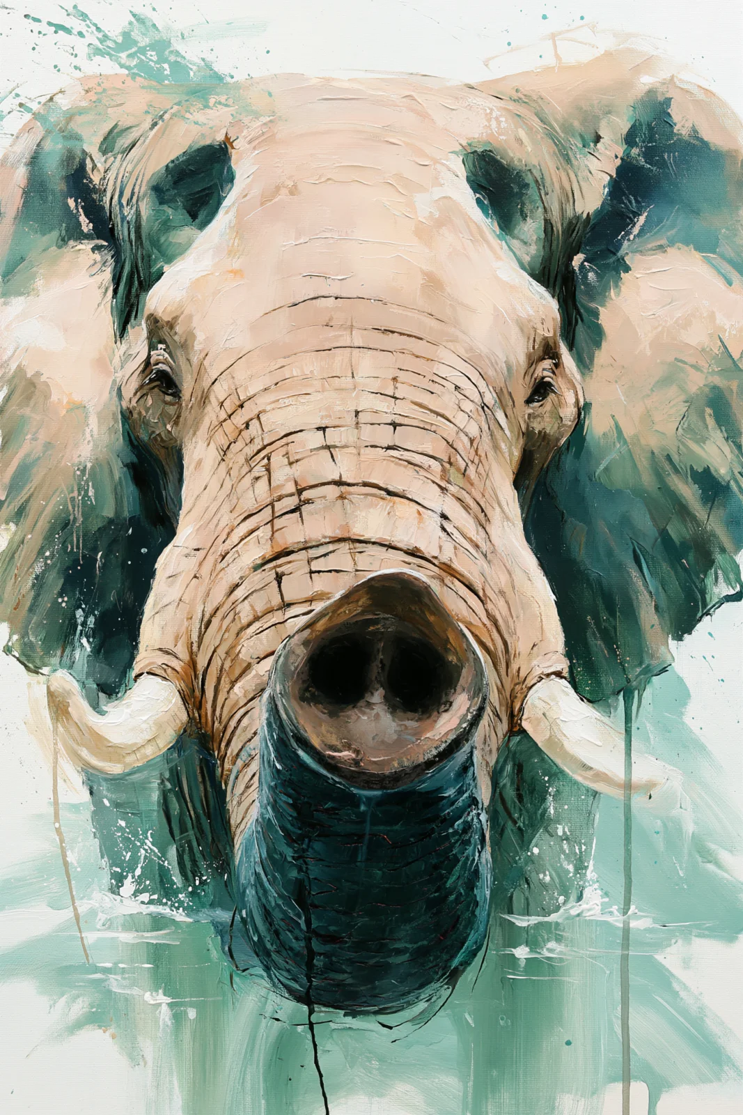 Modern Elephant Oil Painting Printable Wall Art – Impasto Teal Safari Wildlife Poster, Close Up Elephant Portrait Decor