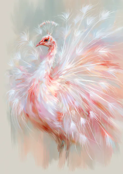 Ethereal Pink Peacock Printable Wall Art – Soft Blush & White Peacock Oil Painting Poster, Romantic Pastel Bird Glam Decor