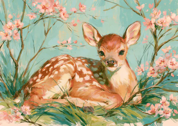 Cottagecore Baby Deer Wall Art – Whimsical Fawn with Cherry Blossoms Printable Poster, Pastel Woodland Nursery Print