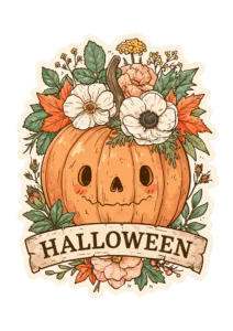 Floral Halloween Pumpkin Sticker PNG – Vintage Floral Jack-o'-Lantern with Banner Printable Sticker, Die Cut Cottagecore Spooky Season Decal PNG for Planners & Crafting