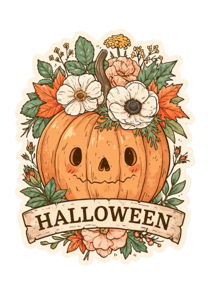 Floral Halloween Pumpkin Sticker PNG – Vintage Floral Jack-o'-Lantern with Banner Printable Sticker, Die Cut Cottagecore Spooky Season Decal PNG for Planners & Crafting