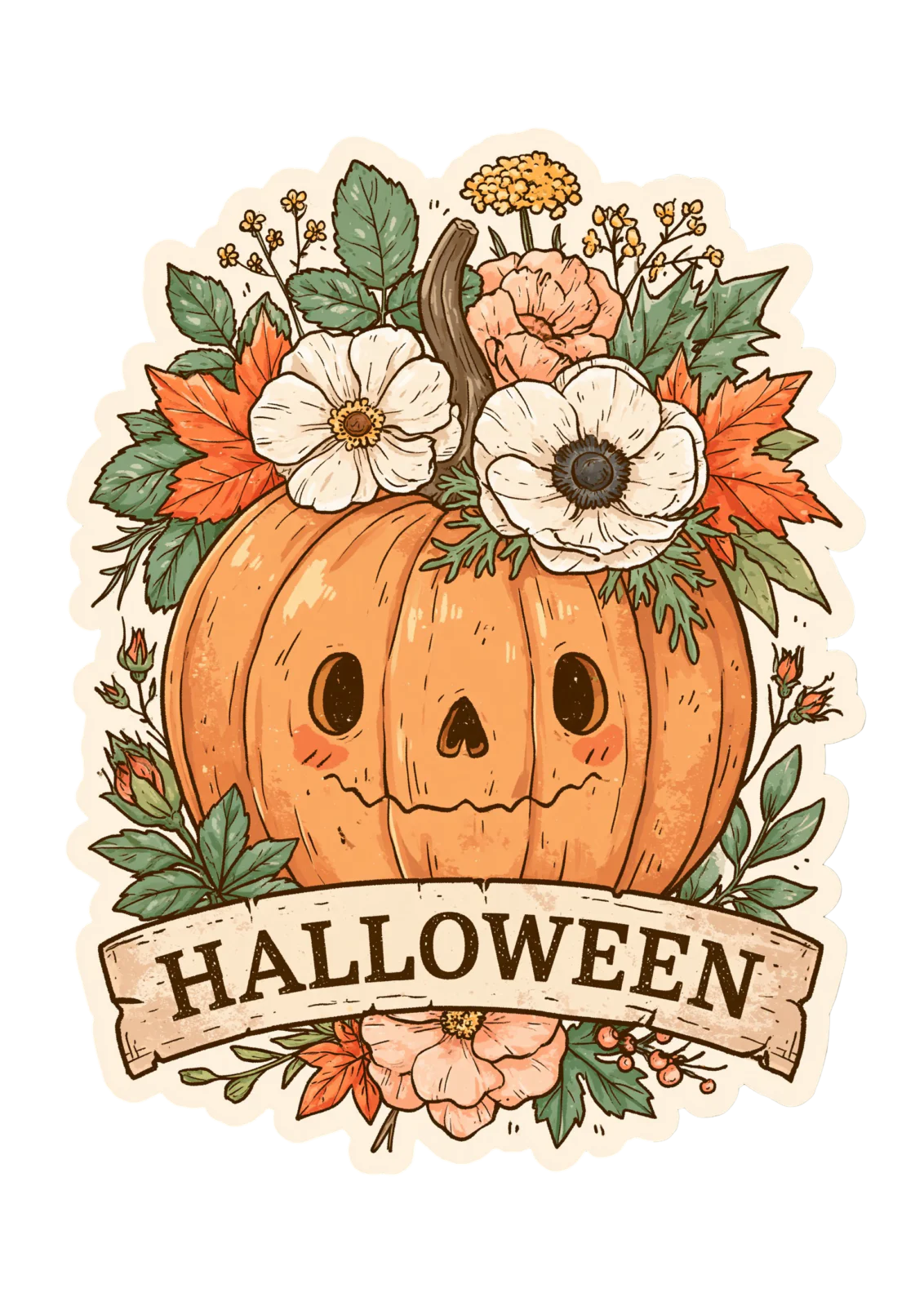 Floral Halloween Pumpkin Sticker PNG – Vintage Floral Jack-o'-Lantern with Banner Printable Sticker, Die Cut Cottagecore Spooky Season Decal PNG for Planners & Crafting
