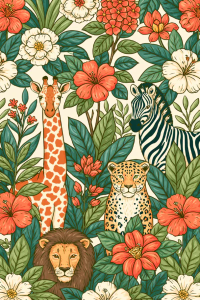 Tropical Safari Animals Printable Wall Art – Whimsical Jungle Floral Nursery Poster, Cute Lion Giraffe Zebra Leopard Decor