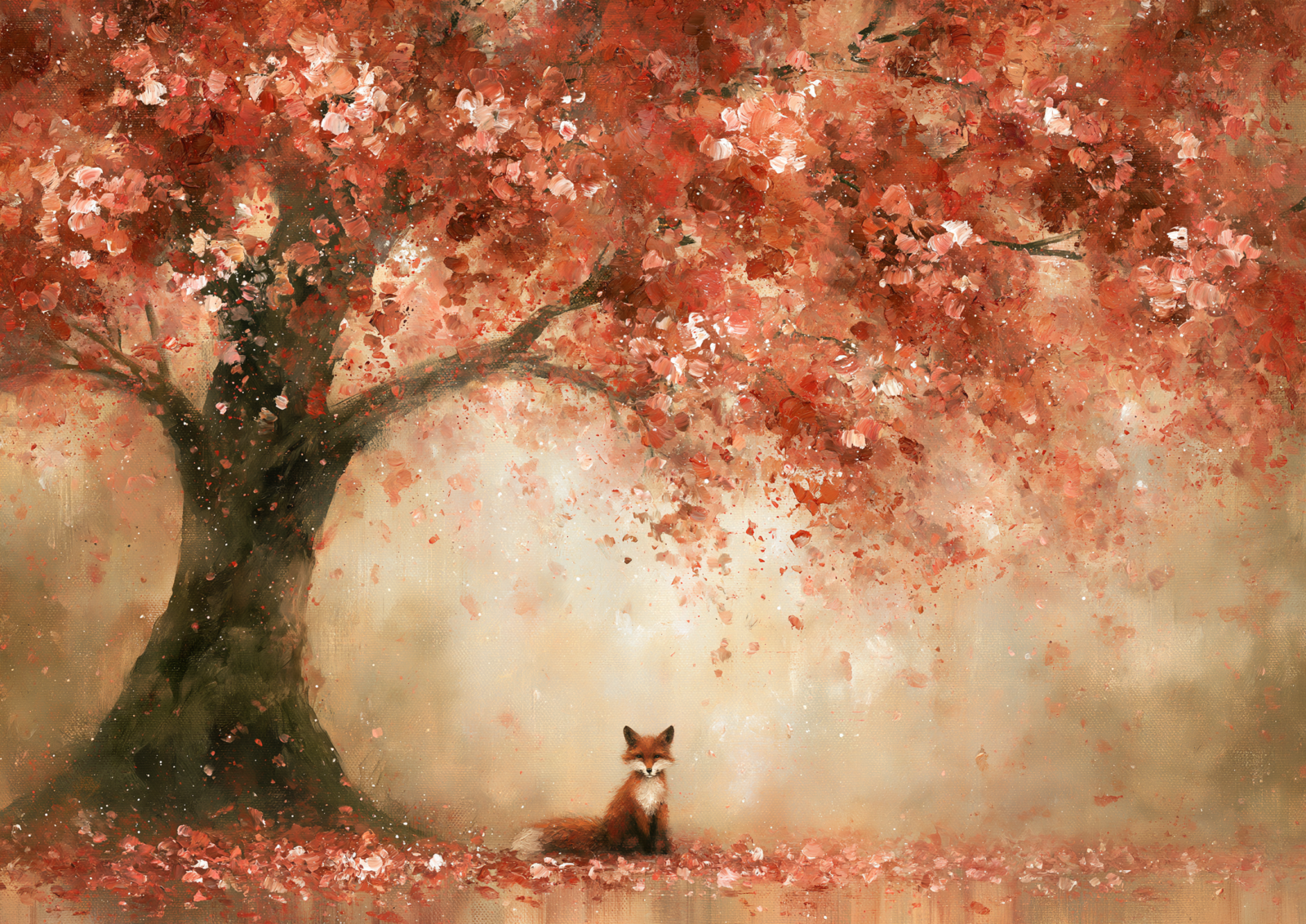 Autumn Fox Under Red Tree Printable Wall Art – Impasto Fall Forest Landscape & Cottagecore Nature Poster