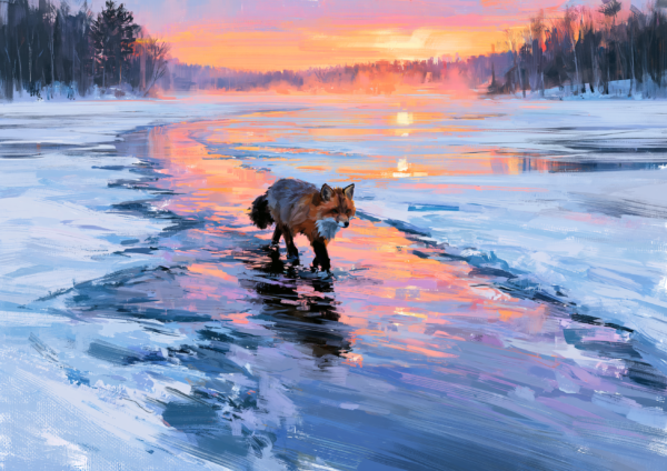 Winter Fox at Sunset Printable Wall Art – Painterly Frozen River Landscape & Snowy Wildlife Poster