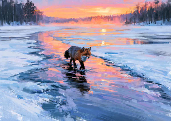 Winter Fox at Sunset Printable Wall Art – Painterly Frozen River Landscape & Snowy Wildlife Poster