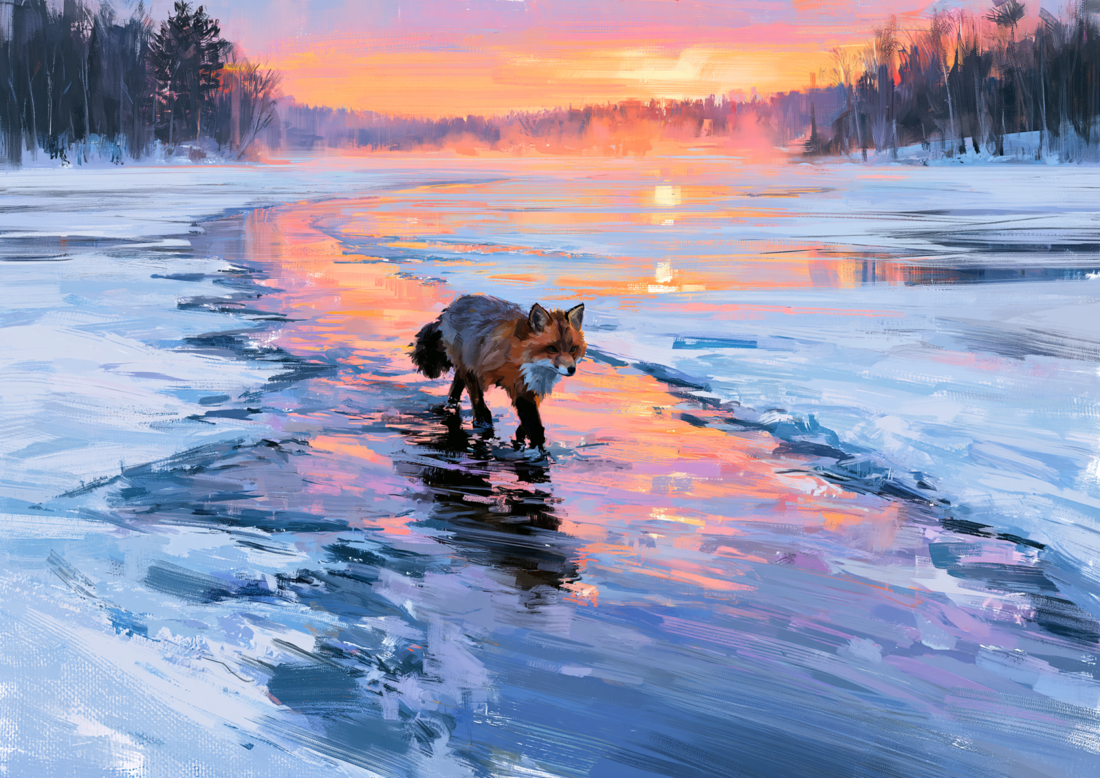 Winter Fox at Sunset Printable Wall Art – Painterly Frozen River Landscape & Snowy Wildlife Poster