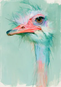 Funny Ostrich Oil Painting Printable Wall Art – Whimsical Pastel Mint & Pink Bird Poster, Eclectic Humorous Animal Decor
