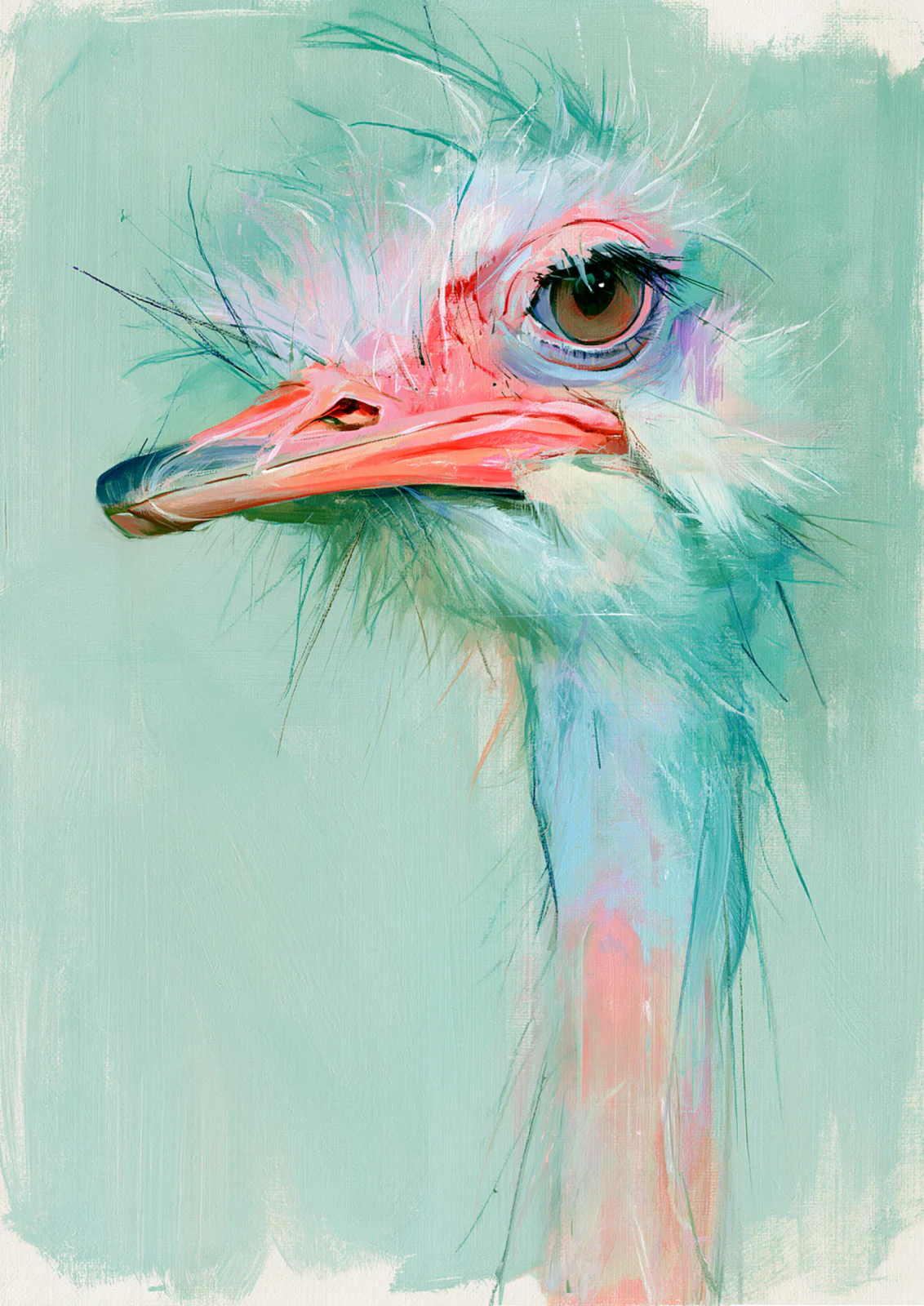 Funny Ostrich Oil Painting Printable Wall Art – Whimsical Pastel Mint & Pink Bird Poster, Eclectic Humorous Animal Decor