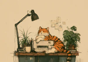Cozy Cat Sleeping on Printer Printable Wall Art – Whimsical Home Office Decor & Cute Tabby Cat Desk Poster
