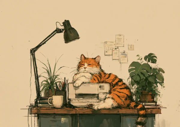 Cozy Cat Sleeping on Printer Printable Wall Art – Whimsical Home Office Decor & Cute Tabby Cat Desk Poster