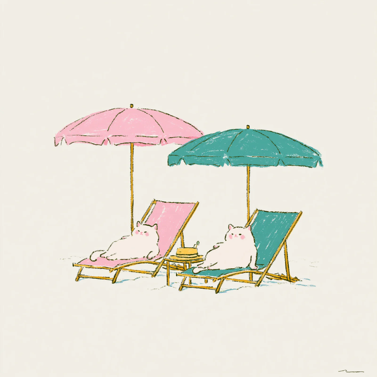 Funny Cats on Beach Loungers Printable Wall Art – Cute White Cats Vacation Poster, Summer Pink & Teal Pastel Minimalist Wall Decor