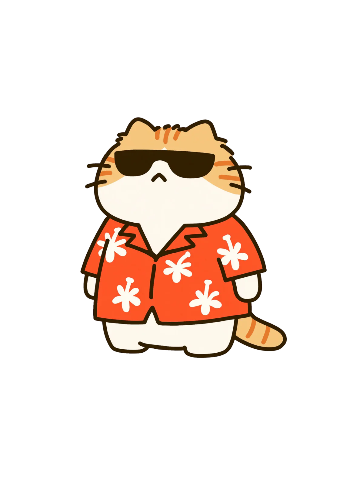 Cool Hawaiian Cat Clipart PNG – Funny Chubby Cat in Sunglasses & Hawaiian Shirt Illustration, Summer Beach Animal Digital Graphic