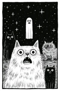 Whimsical Scary Cats & Ghost Printable Wall Art – Funny Black and White Spooky Mewment Illustration Postcard