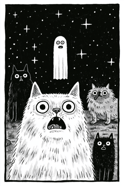 Whimsical Scary Cats & Ghost Printable Wall Art – Funny Black and White Spooky Mewment Illustration Postcard