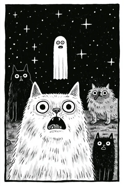 Whimsical Scary Cats & Ghost Printable Wall Art – Funny Black and White Spooky Mewment Illustration Postcard